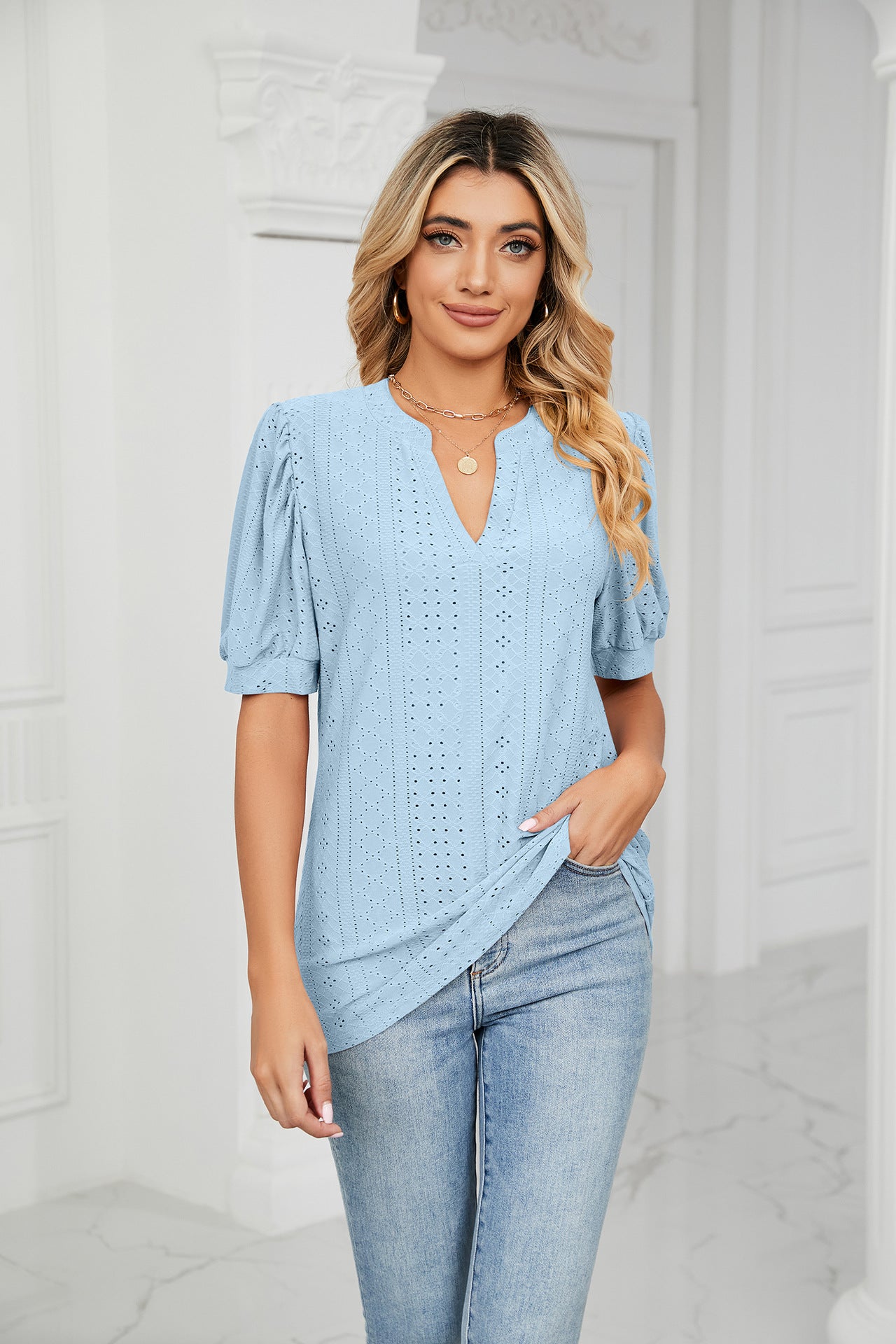 Casual V-Neck Solid Bubble Top