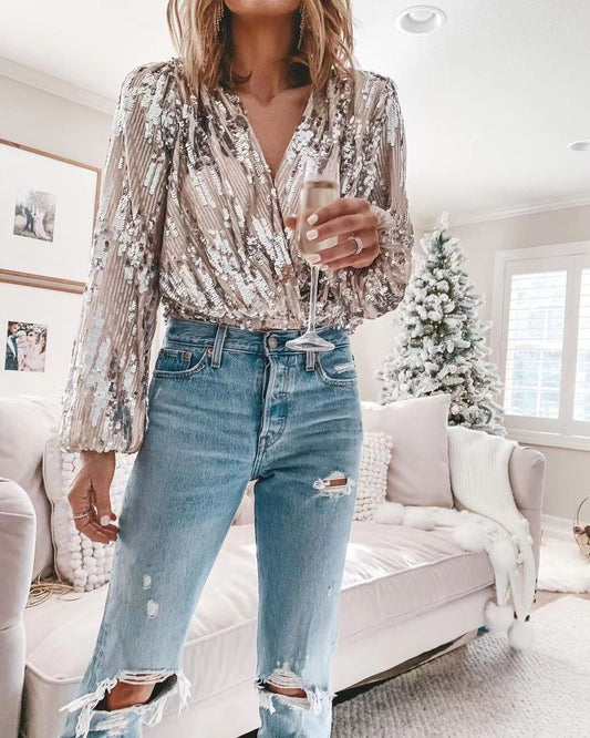 V-neck, Long Sleeved Sequin Top