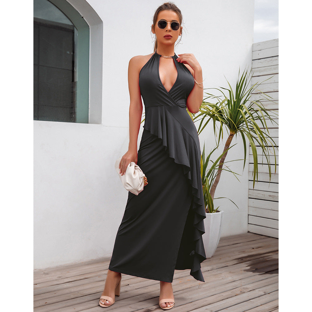 Slit Pleated Suspender Evening Dress