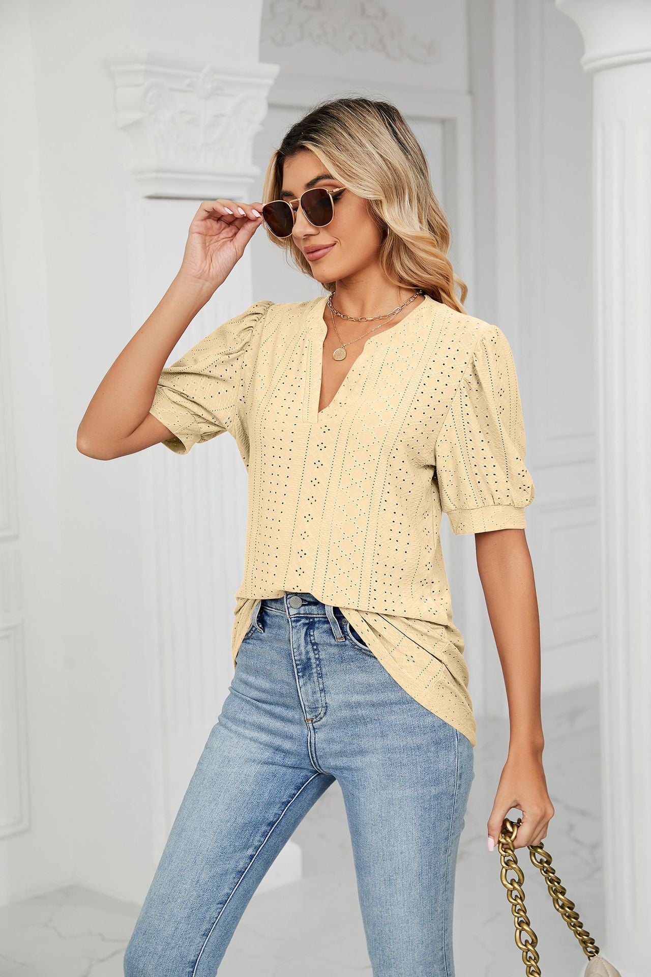 Casual V-Neck Solid Bubble Top