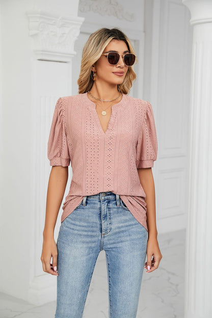 Casual V-Neck Solid Bubble Top