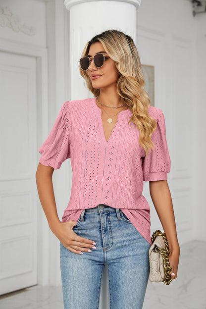 Casual V-Neck Solid Bubble Top