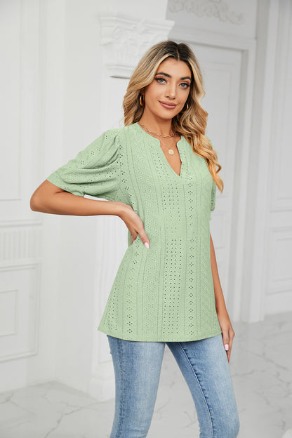 Casual V-Neck Solid Bubble Top