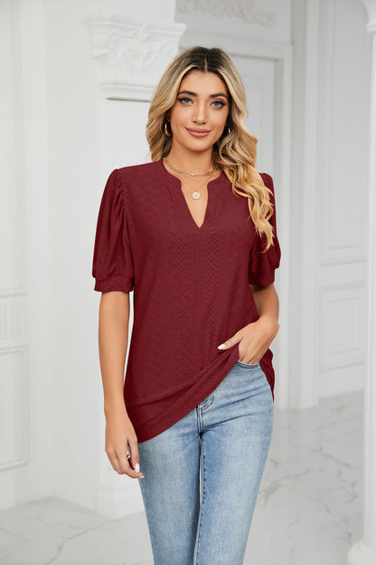 Casual V-Neck Solid Bubble Top