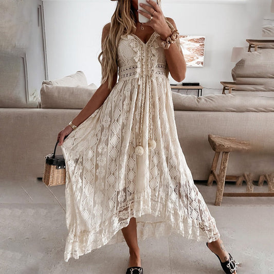 V-Neck, Lace Long Dress