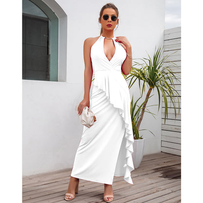 Slit Pleated Suspender Evening Dress