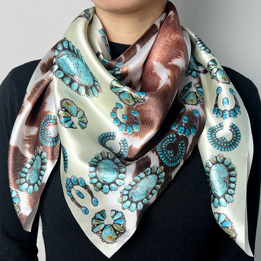 Silk Cow Pattern Turquoise Scarf