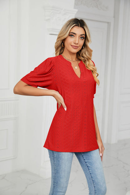 Casual V-Neck Solid Bubble Top